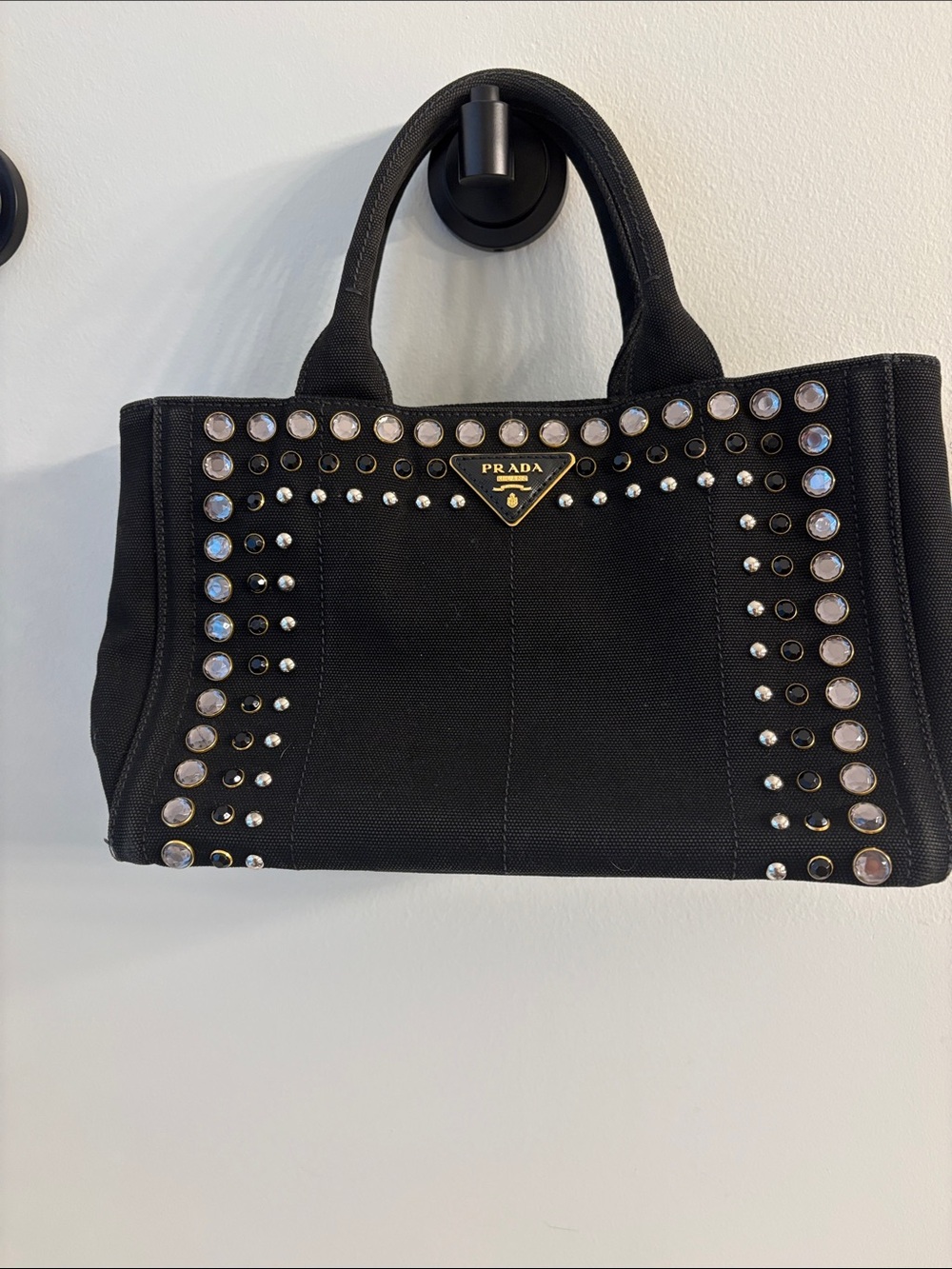 Prada Black Canapa Studded Tote